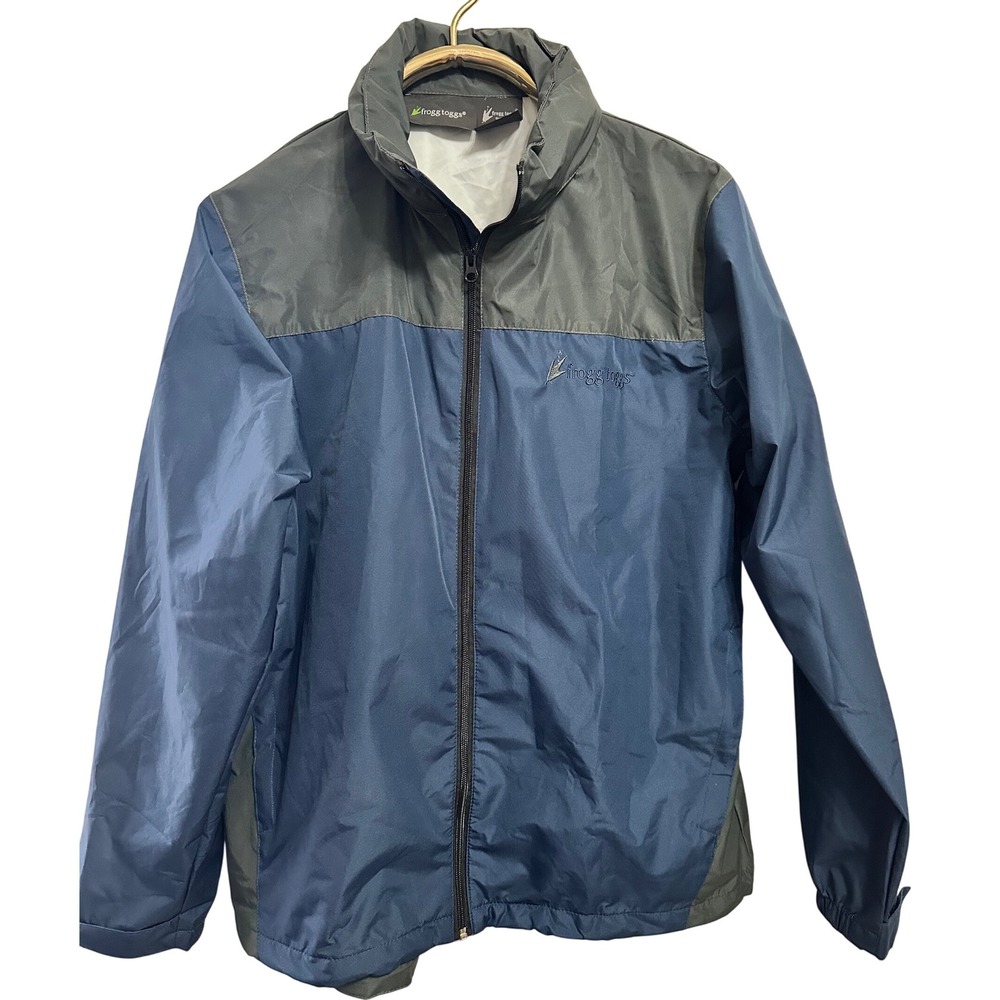 Frogg Toggs Mens Rain Jacket Full Zip Blue Gray Lightweight S/M Hood‎